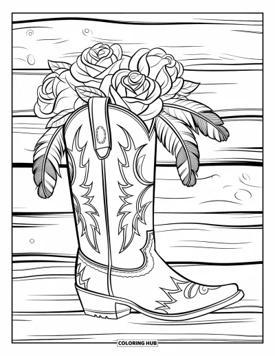 Coloriage Western pour adultes : Des roses et des plumes décorent une botte de cowboy dans une scène chaleureuse et rustique
