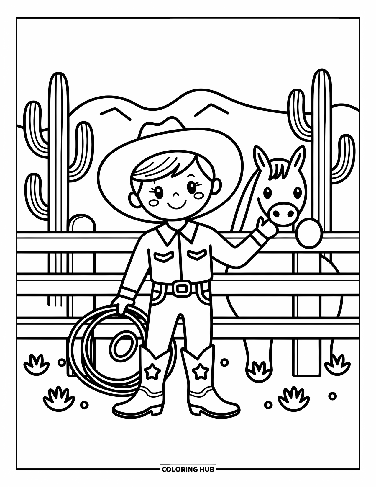 Disegno da colorare western per adulti: In piedi orgogliosamente con un lazo, un cowboy sorride accanto a un cavallo e a un orizzonte desertico