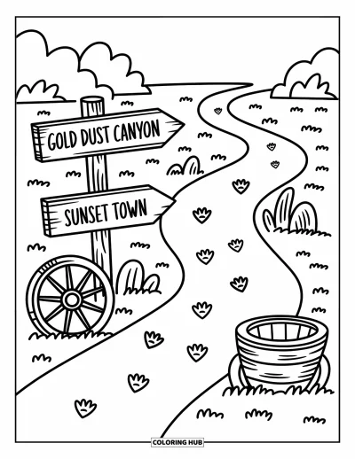 Coloriage Western pour adultes : De minuscules empreintes de pas désertiques entourent un panneau indiquant le chemin vers trois charmants lieux de l'Ouest