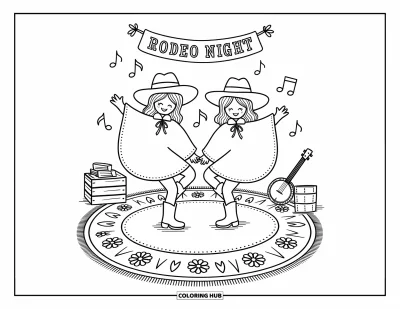 Coloriage Western pour adultes : Deux amis dansent joyeusement sur un tapis à motifs tandis que des notes de musique ludiques flottent dans l'air