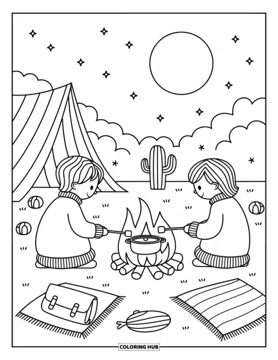 Coloriage Western pour adultes : Deux enfants en pulls font griller des guimauves dans un camping confortable sous les étoiles et une lune douce