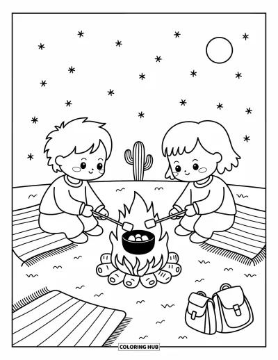 Coloriage Western pour adultes : Sous un ciel nocturne scintillant, des enfants font griller des guimauves près d'un feu avec des couvertures et des cactus à proximité