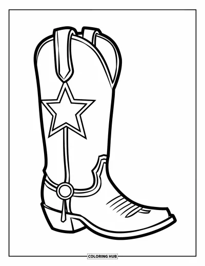 Coloriage Western pour enfants : Une grande botte de cowboy avec une étoile et un éperon se dresse fièrement