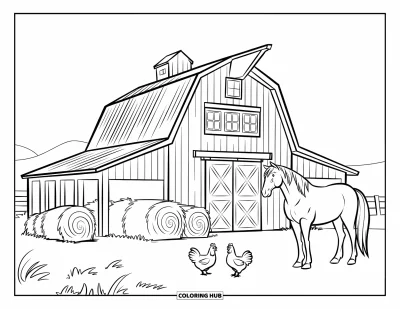 Coloriage Western pour enfants : Une grande grange western se dresse avec des balles de foin, des poulets et un cheval à proximité