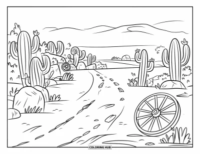 Coloriage Western pour enfants : Une roue de chariot cassée se trouve le long d'un chemin désertique bordé de cactus