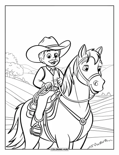 Coloriage Western pour enfants : Un cowboy joyeux traverse la campagne, tenant son lasso haut
