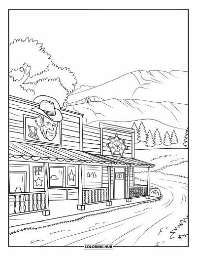 Coloriage Western pour enfants : Une ville joyeuse au sommet d'une colline a un bureau de shérif et un panneau de saloon original