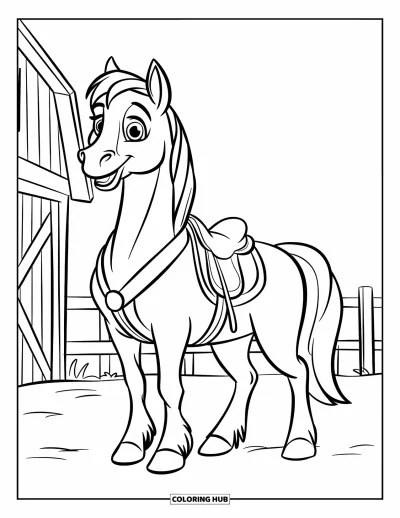 Coloriage Western pour enfants : Un cheval joyeux se tient à côté d'une grange et d'une clôture dans une scène de ferme tranquille