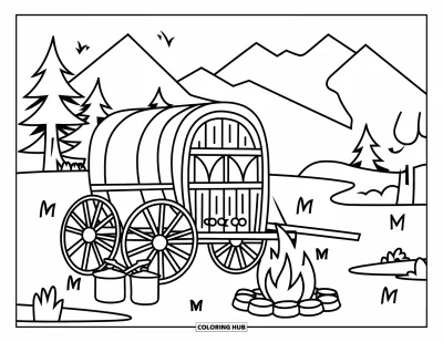 Coloriage Western pour enfants : Un chariot de cuisine repose près d'un feu avec des casseroles et des poêles éparpillées à proximité