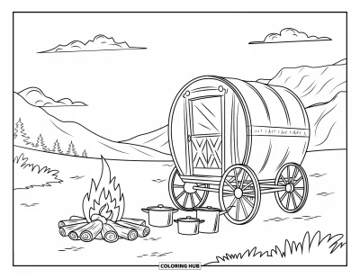 Coloriage Western pour enfants : Un chariot de cuisine se tient près du feu sous un ciel de montagne paisible
