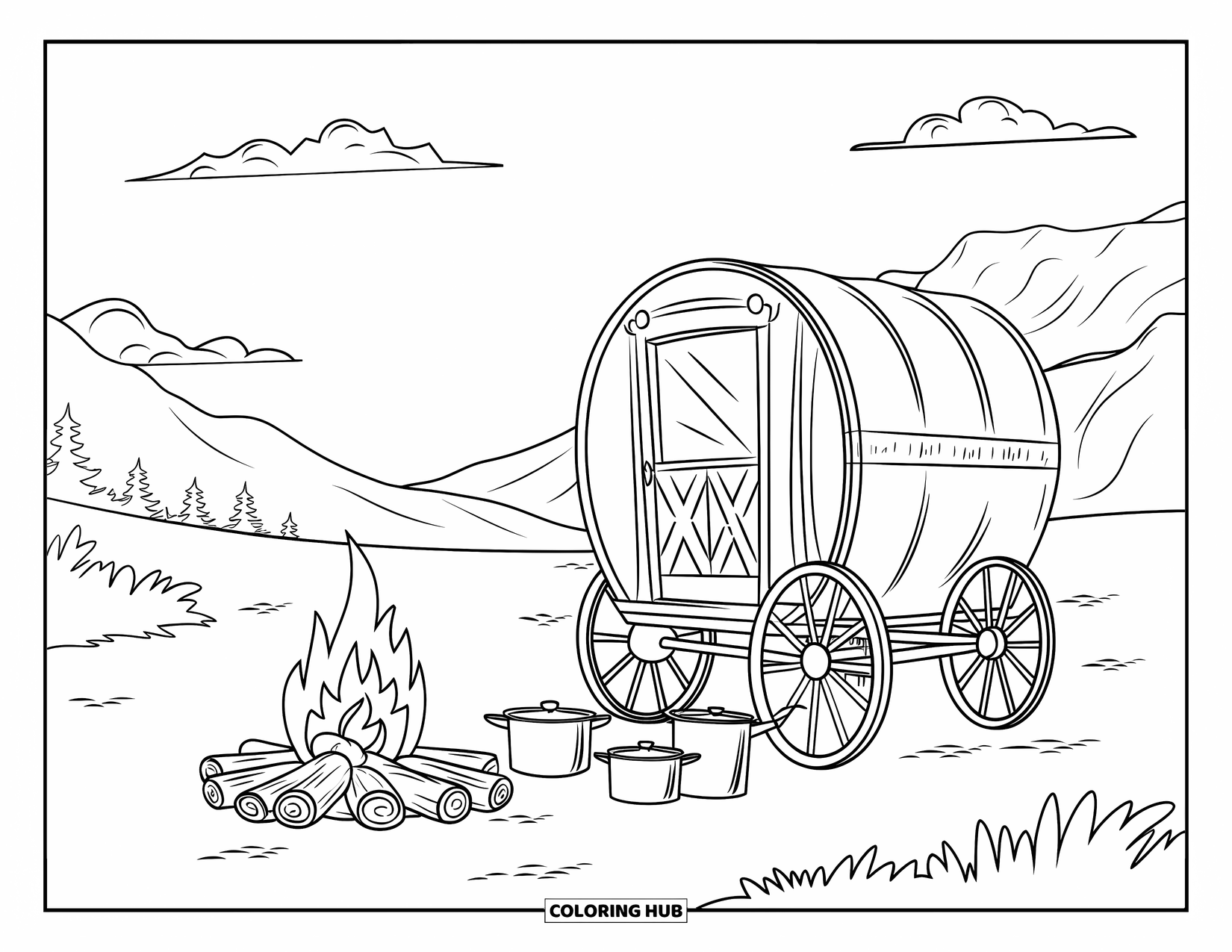 Western Kleurplaat voor Kinderen: Een chuckwagon staat bij het vuur onder een vredige berghemel