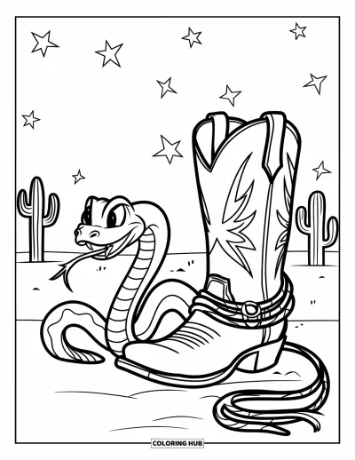 Coloriage Western pour enfants : Un serpent enroulé passe devant une botte avec un lasso sous le ciel étoilé