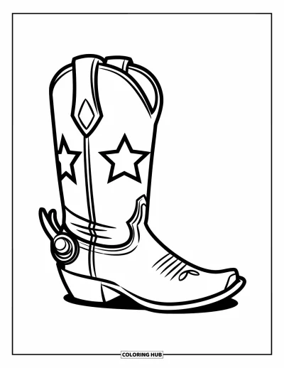 Coloriage Western pour enfants : Une botte de cowboy avec une étoile audacieuse et un petit éperon se dresse fièrement