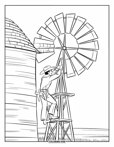 Coloriage Western pour enfants : Un cowboy grimpe sur un moulin à vent avec des outils attachés à sa ceinture