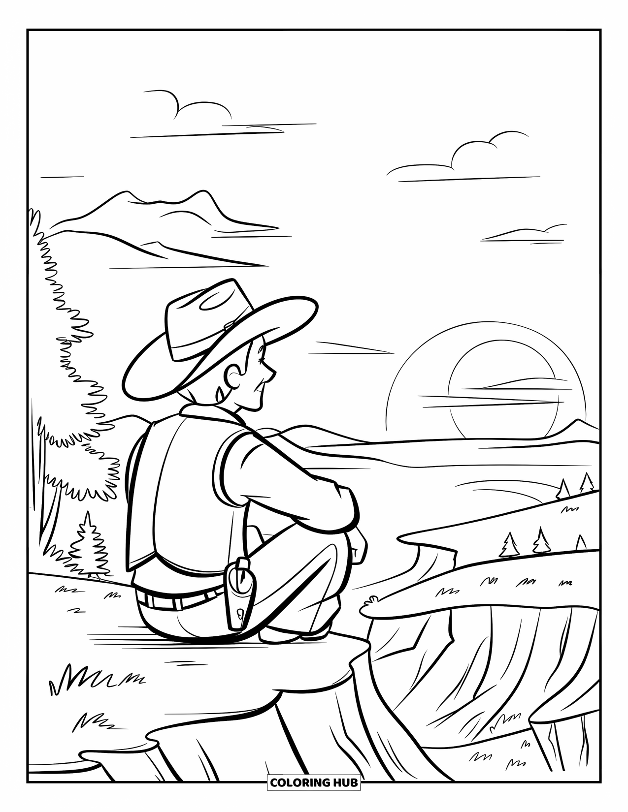 Western Kleurplaat voor Kinderen: Een cowboy kijkt naar de zonsondergang vanaf een rotsachtige richel hoog boven het land