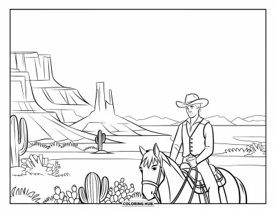 Coloriage Western pour enfants : Un cowboy à cheval explore le vaste désert sous un ciel clair