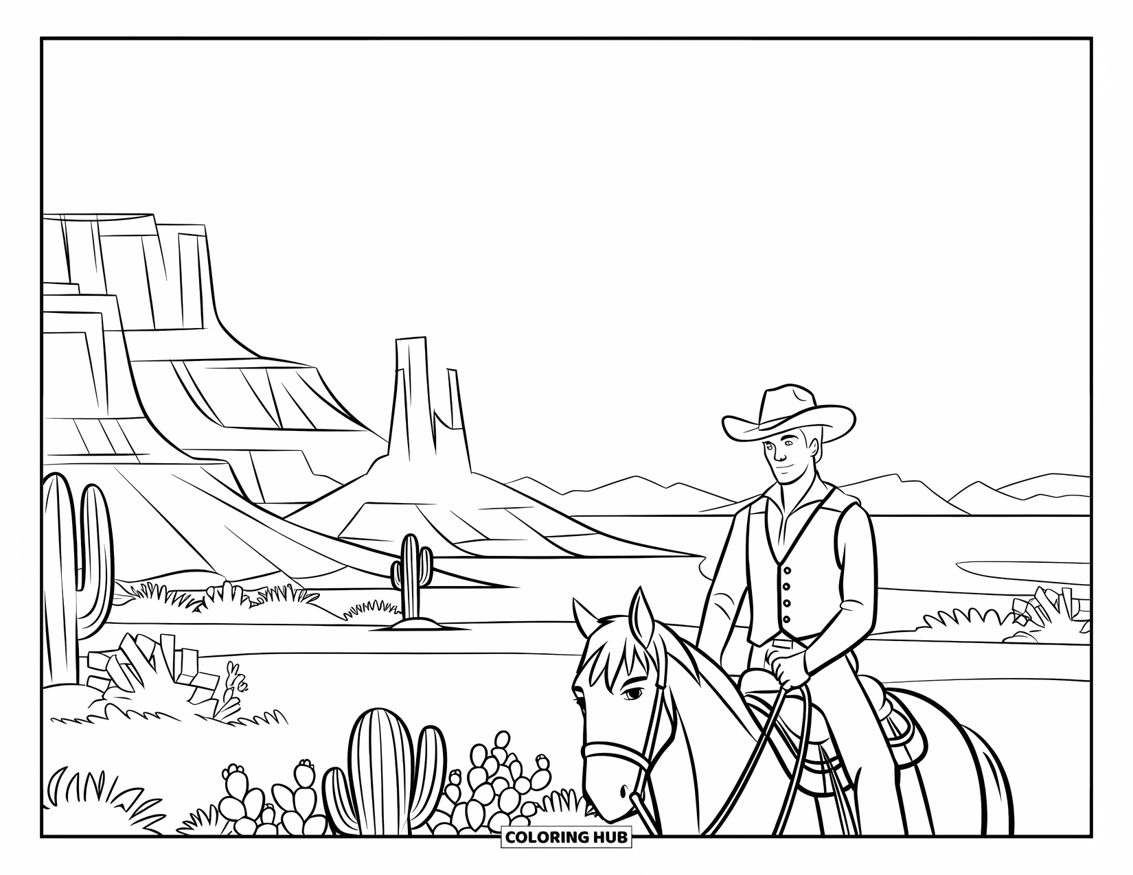 Western Kleurplaat voor Kinderen: Een cowboy te paard verkent de uitgestrekte woestijn onder een heldere hemel