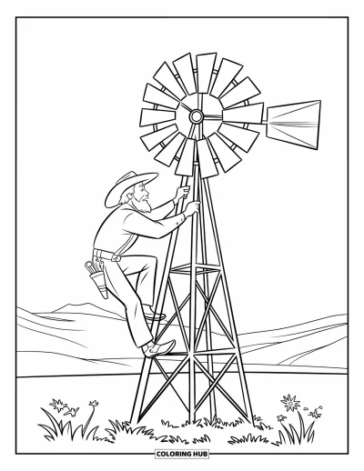 Coloriage de western pour enfants : Un cowboy répare un moulin à vent cassé dans un champ herbeux tranquille