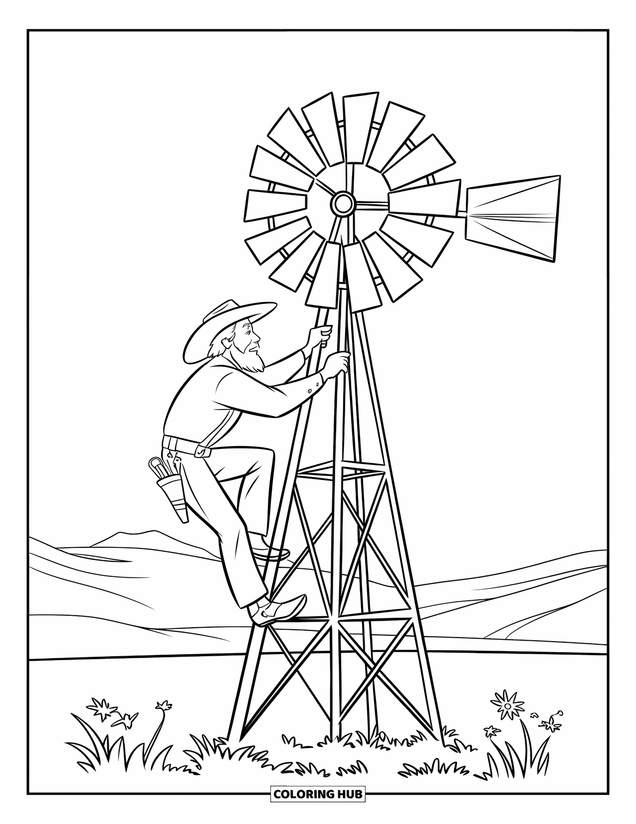 Western Kleurplaat voor Kinderen: Een cowboy repareert een kapotte windmolen in een rustig grasveld
