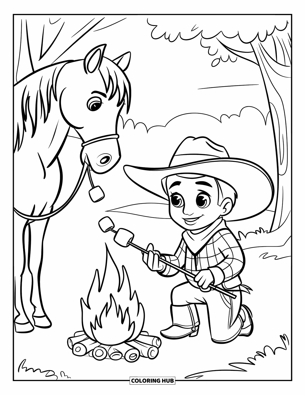 Western Kleurplaat voor Kinderen: Een cowboy roostert marshmallows bij het vuur met zijn paard in de buurt vastgebonden