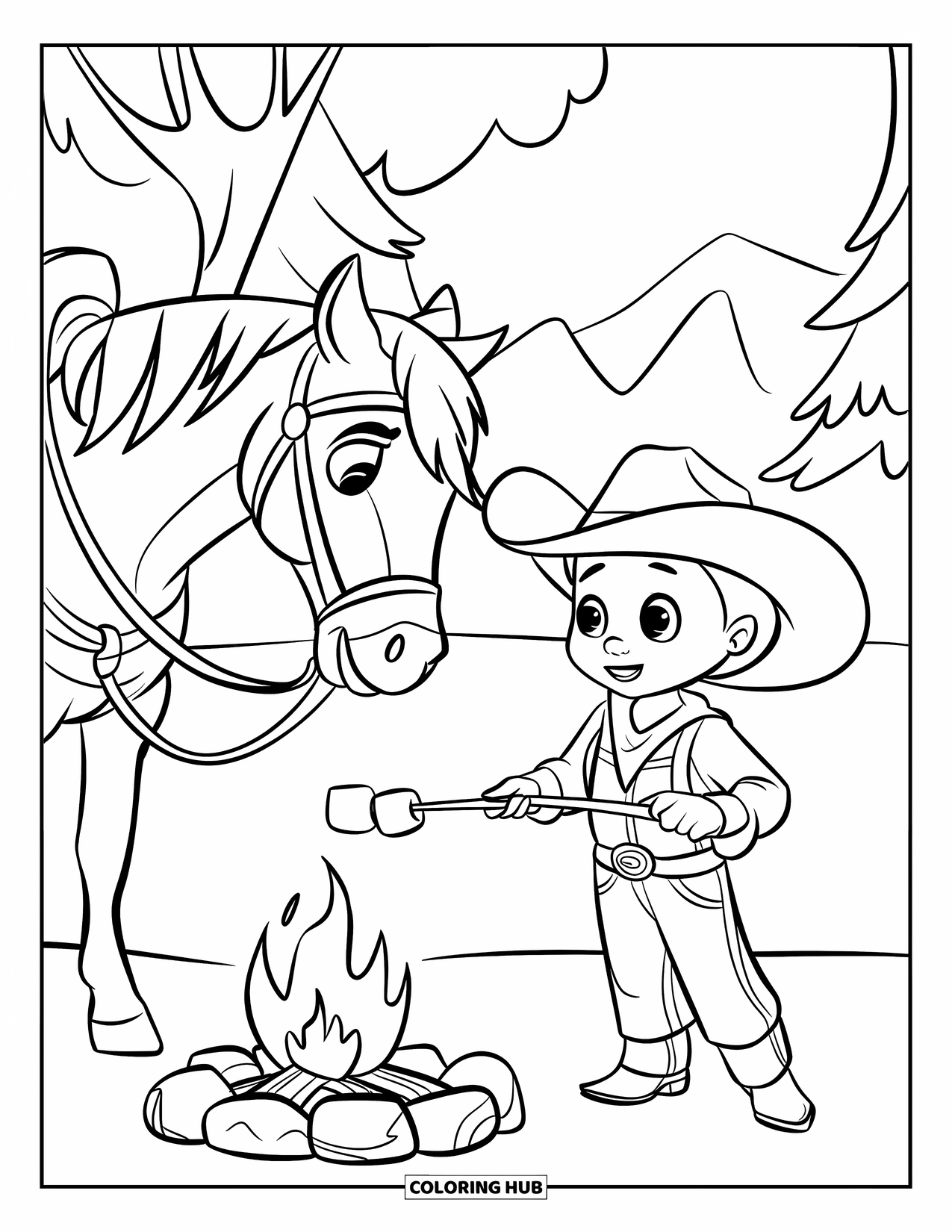 Western Kleurplaat voor Kinderen: Een cowboy zit bij het kampvuur terwijl zijn kalme paard vanuit een boom toekijkt