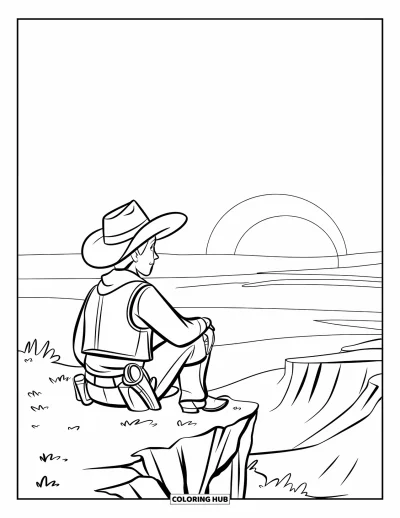 Coloriage Western pour enfants : Un cowboy est assis sur un rocher, admirant le ciel orange du coucher de soleil