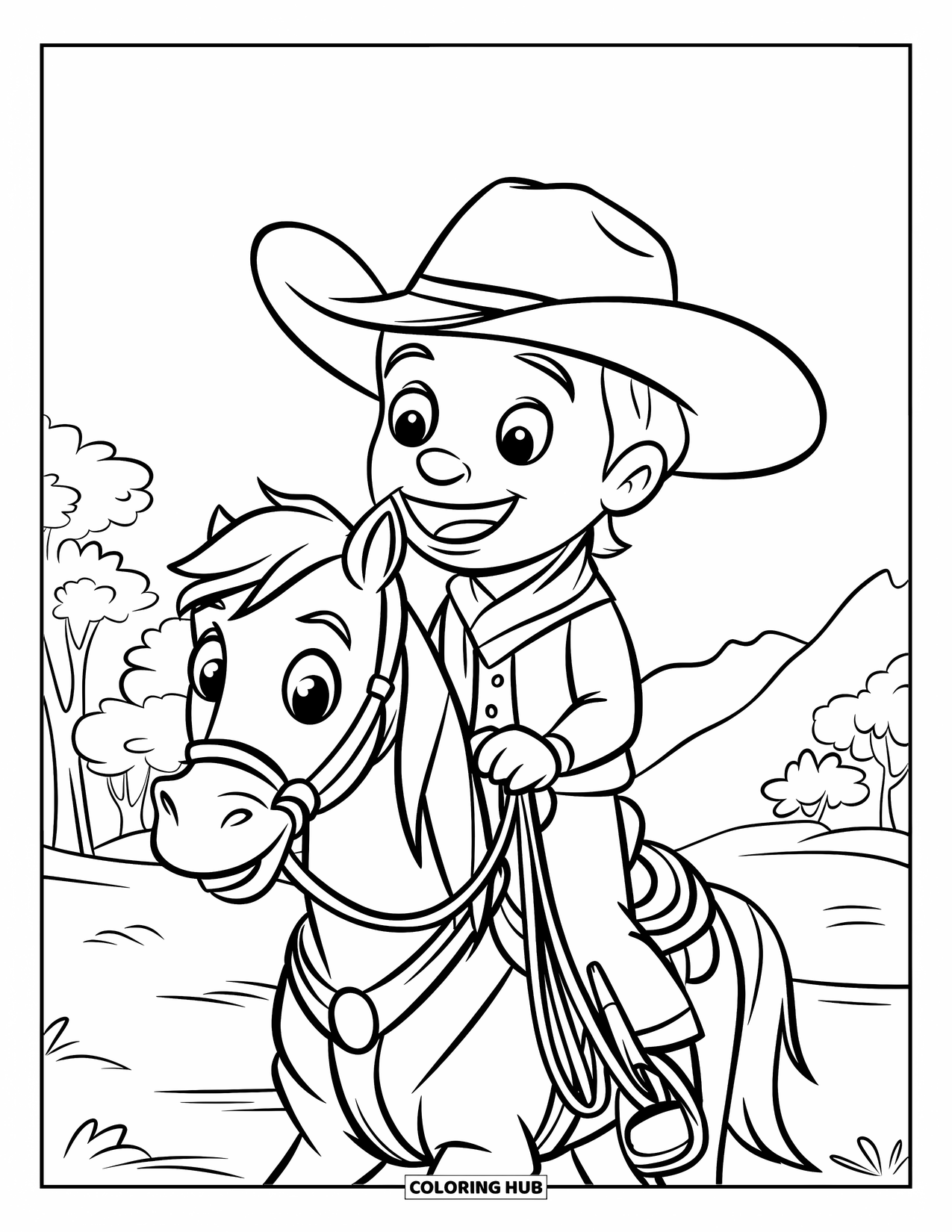 Western Kleurplaat voor Kinderen: Een cowboy met een brede grijns rijdt met zijn paard door bomen en heuvels