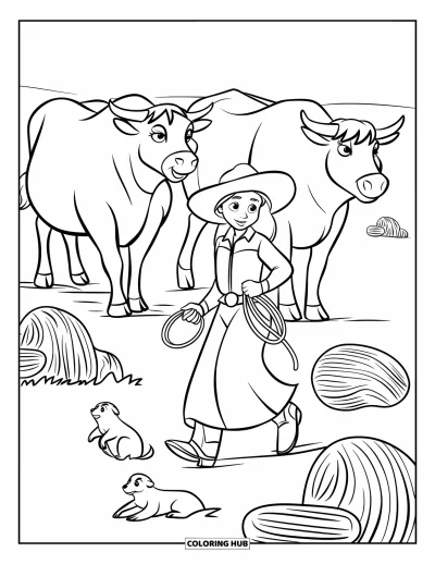 Coloriage Western pour enfants : Une cowgirl guide son bétail à travers la prairie devant des virevoltants et des chiens de prairie