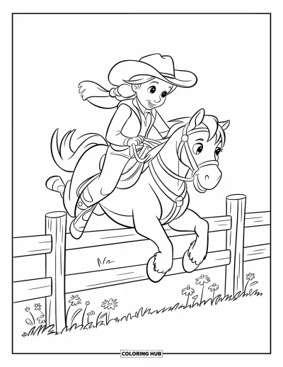 Coloriage Western pour enfants : Une cowgirl saute la clôture et saisit les rênes de son poney joyeux
