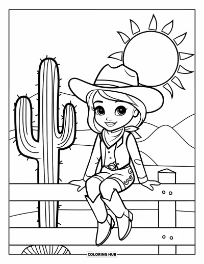 Coloriage Western pour enfants : Une cowgirl en bottes et en chapeau se repose sur une clôture dans le désert