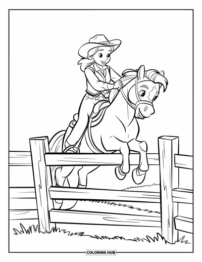 Coloriage Western pour enfants : Une cowgirl saute d'une clôture pour monter son poney joueur dans un champ