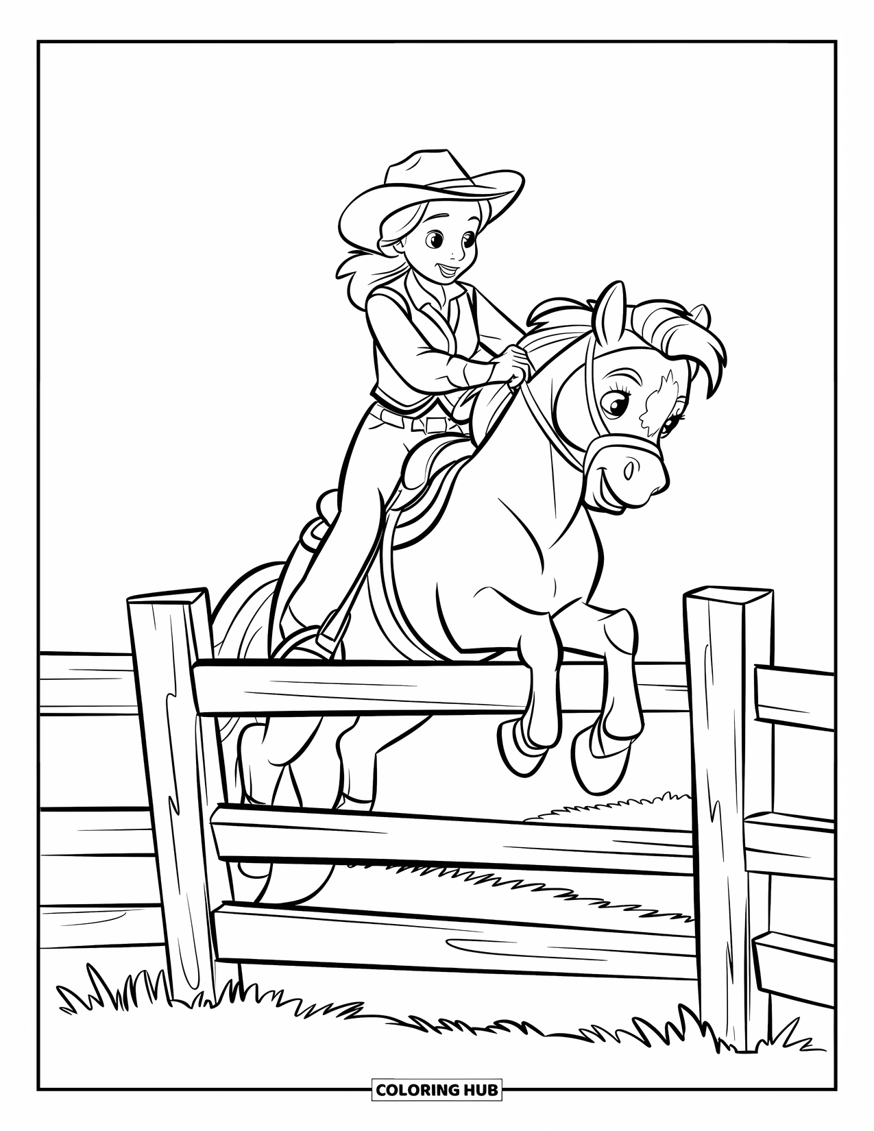 Western Kleurplaat voor Kinderen: Een cowgirl springt van een hek om op haar speelse pony in een veld te rijden