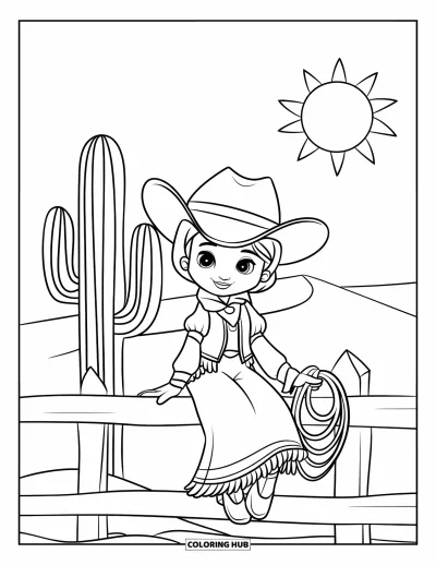 Coloriage Western pour enfants : Une jolie cowgirl se détend sur une clôture près d'un grand cactus et du soleil éclatant