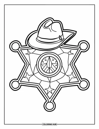 Coloriage Western pour enfants : Un joli badge de shérif avec un chapeau est prêt à être colorié