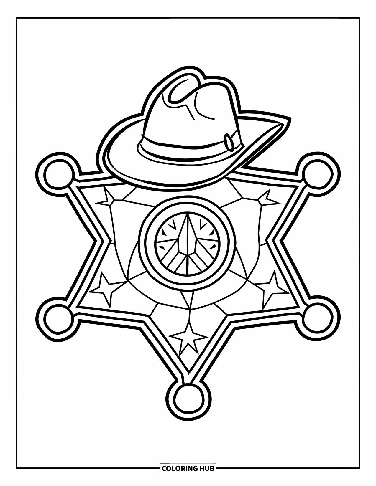 Western Kleurplaat voor Kinderen: Een schattige sheriffbadge met een hoed ligt klaar om te kleuren
