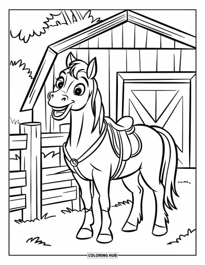 Coloriage Western pour enfants : Un cheval amical avec une selle sourit près d'une grange et d'une clôture