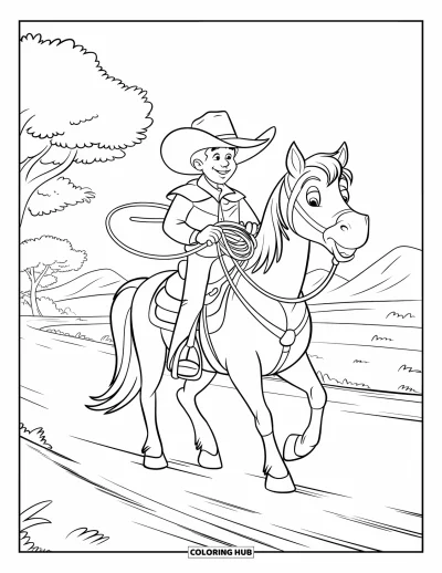 Coloriage de western pour enfants : Un cowboy souriant chevauche un sentier poussiéreux avec son lasso à la main