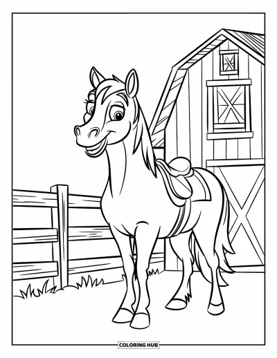 Coloriage de western pour enfants : Un cheval heureux avec une selle attend près d'une grange et d'une clôture en bois