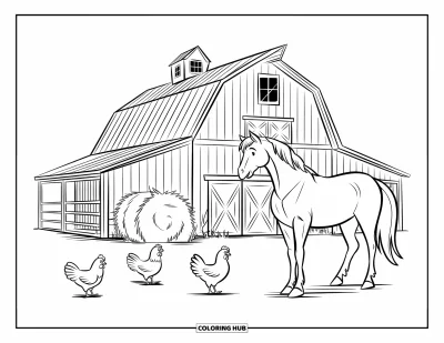 Coloriage Western pour enfants : Une grande grange avec un cheval et des poulets se trouve dans une plaine ouverte