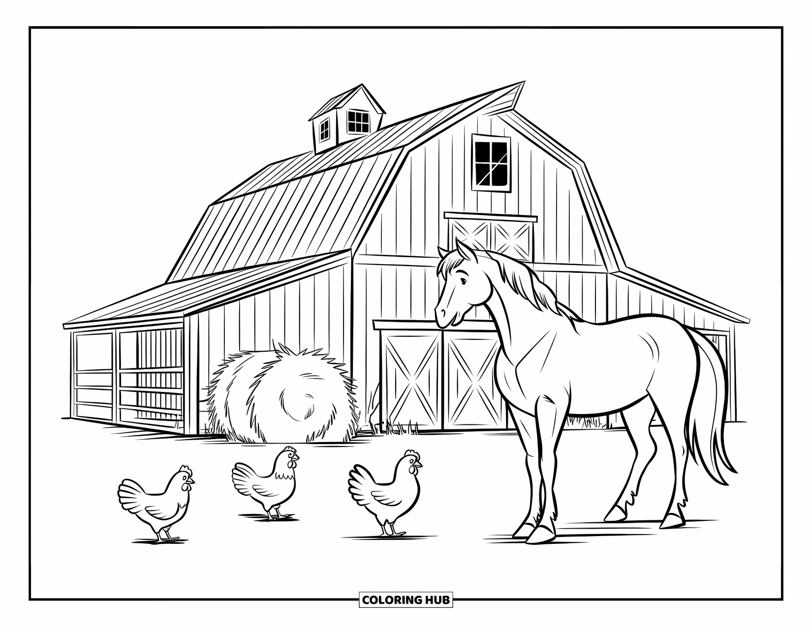 Western Kleurplaat voor Kinderen: Een grote schuur met een paard en kippen staat op een open vlakte