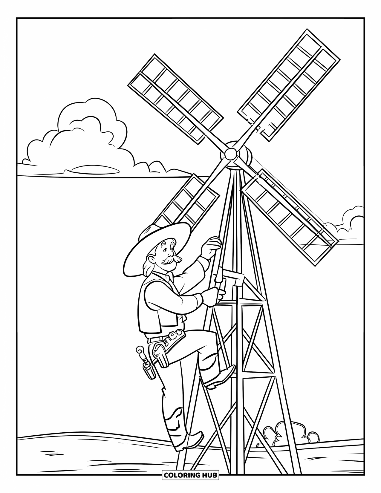 Western Kleurplaat voor Kinderen: Een snorrende cowboy werkt aan een windmolen onder een gedeeltelijk bewolkte hemel