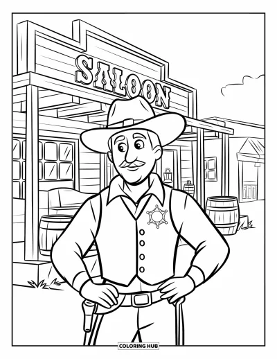 Coloriage de western pour enfants : Un shérif moustachu monte la garde devant le saloon avec des tonneaux et des lanternes