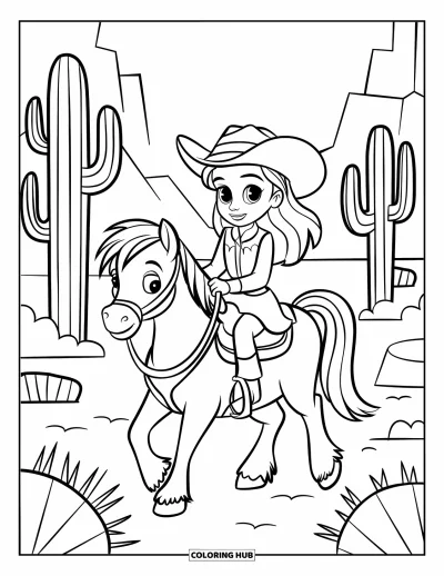 Coloriage de western pour enfants : Un poney trotte dans le désert avec une joyeuse cowgirl sur le dos