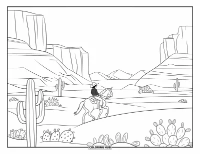 Coloriage Western pour enfants : Un cavalier galope à travers le désert devant des cactus et des montagnes lointaines