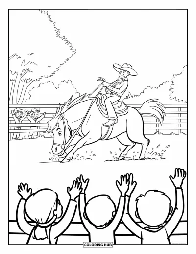 Coloriage Western pour enfants : Un cavalier serre fort un cheval sauvage tandis que des enfants applaudissent autour du ring