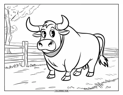 Coloriage Western pour enfants : Un taureau rond avec de grandes cornes se tient tranquillement près de la clôture du ranch