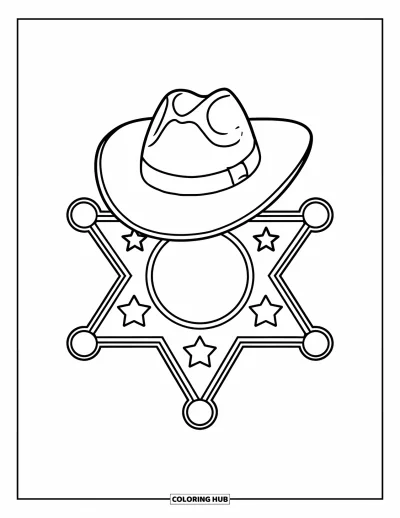 Coloriage Western pour enfants : Un badge de shérif avec des étoiles et un petit chapeau est assis sur un fond blanc