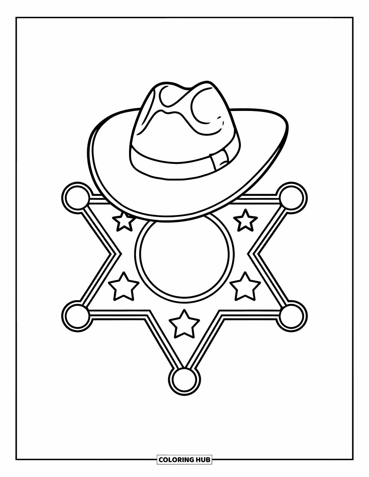 Western Kleurplaat voor Kinderen: Een sheriffbadge met sterren en een klein hoedje zit op een witte achtergrond
