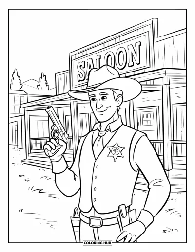 Coloriage Western pour enfants : Un shérif tient sa position devant un saloon avec un panneau en bois
