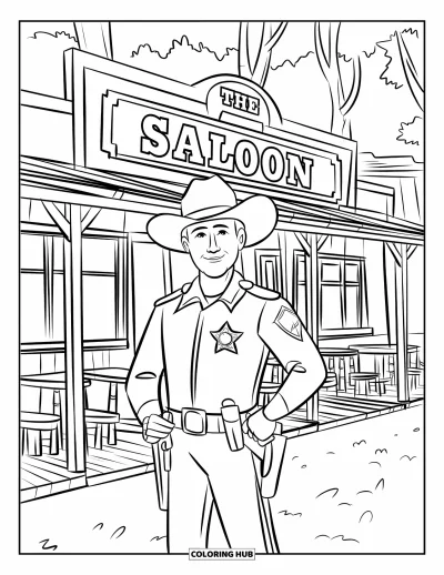 Coloriage Western pour enfants : Un shérif avec un badge se tient fièrement devant un saloon western